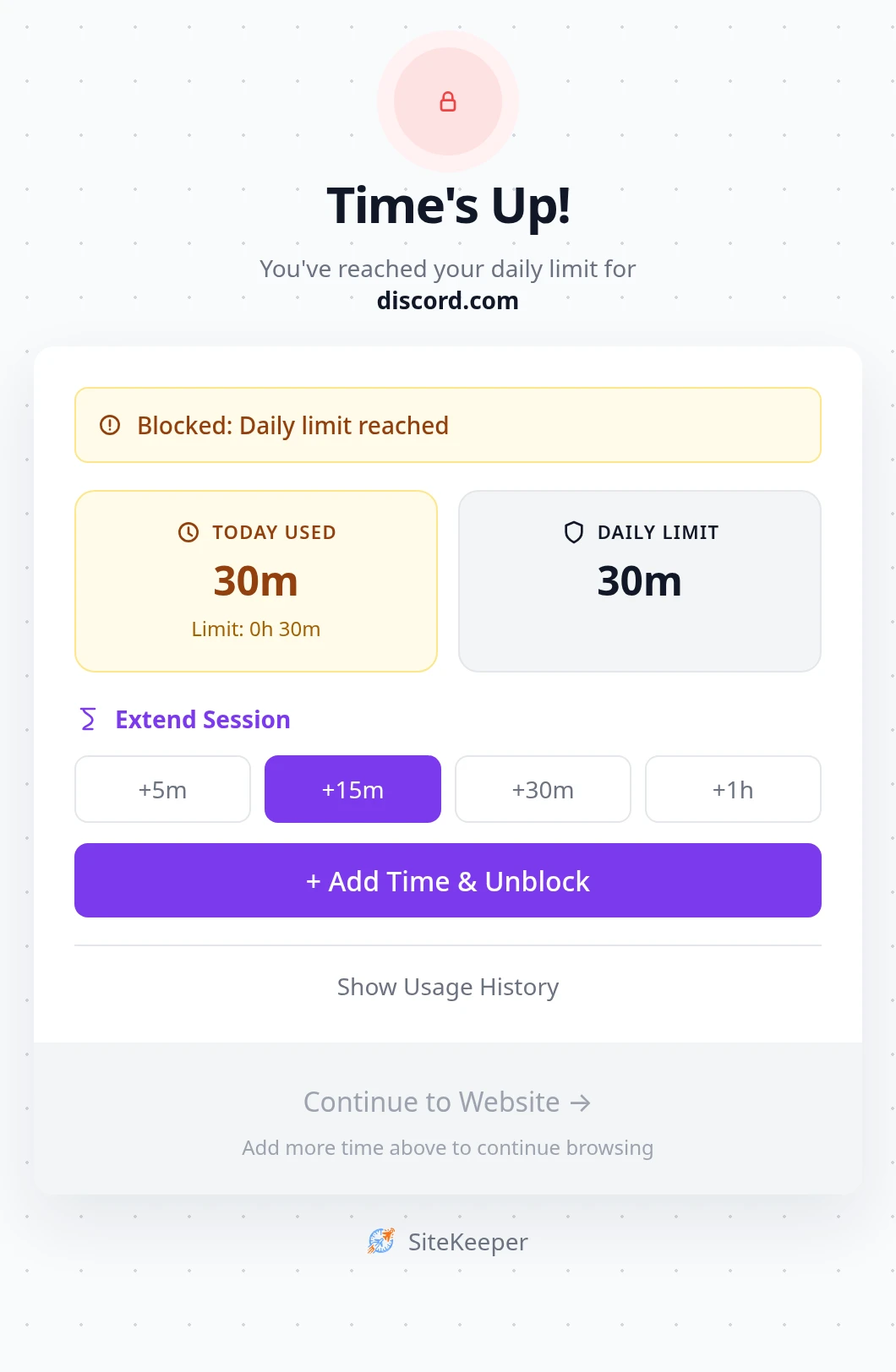 SiteKeeper Time's Up page for discord.com after a 30-minute daily limit
