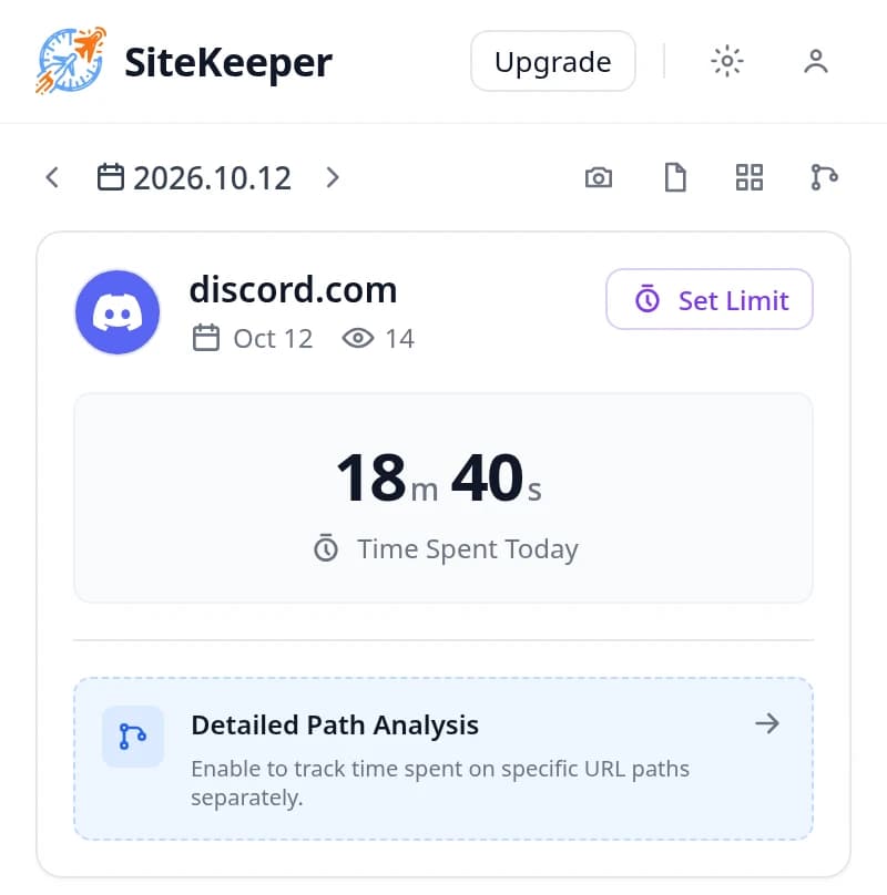 SiteKeeper popup on discord.com showing time spent today and the Set Limit button