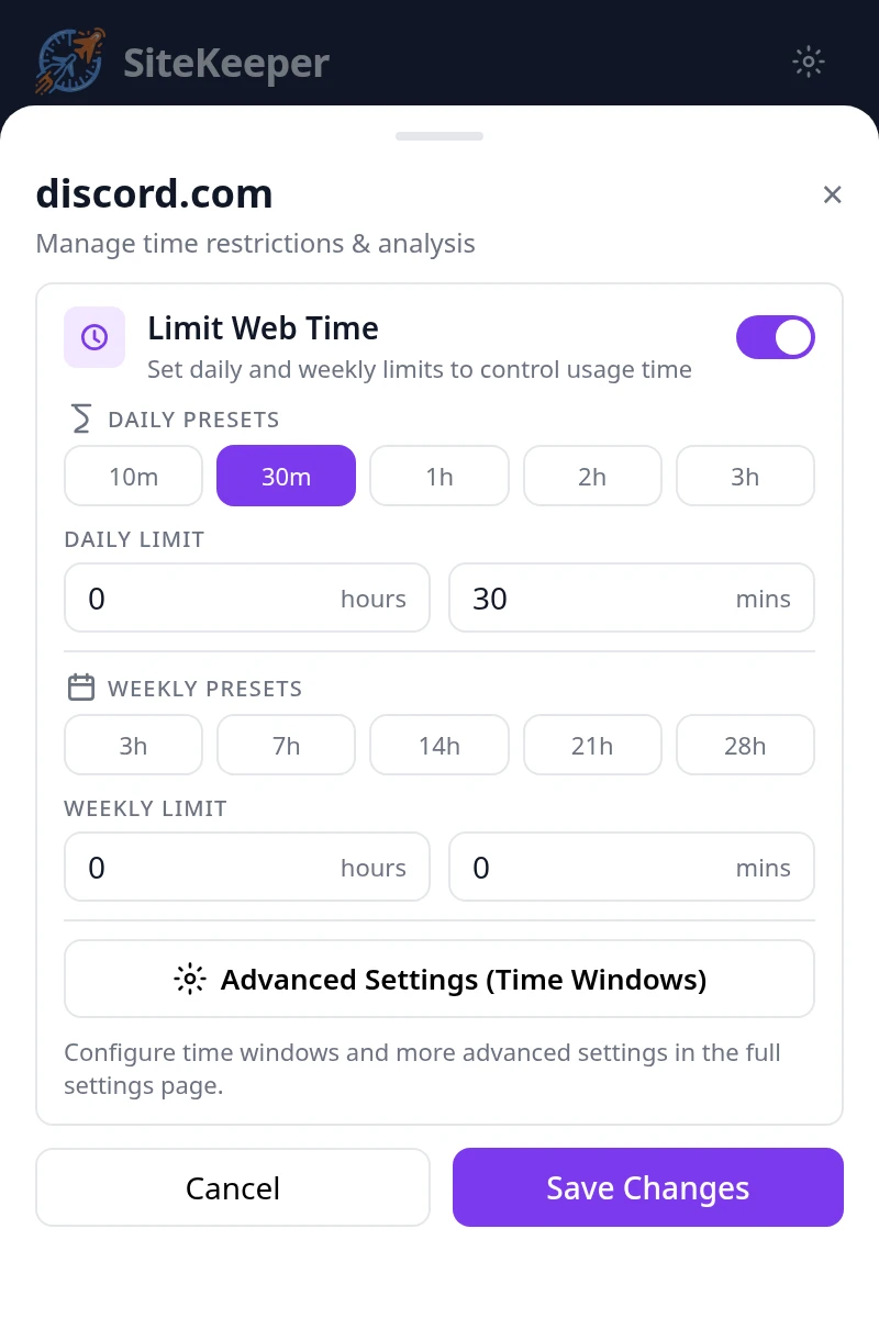 Setting a 30-minute daily limit for discord.com in the SiteKeeper popup