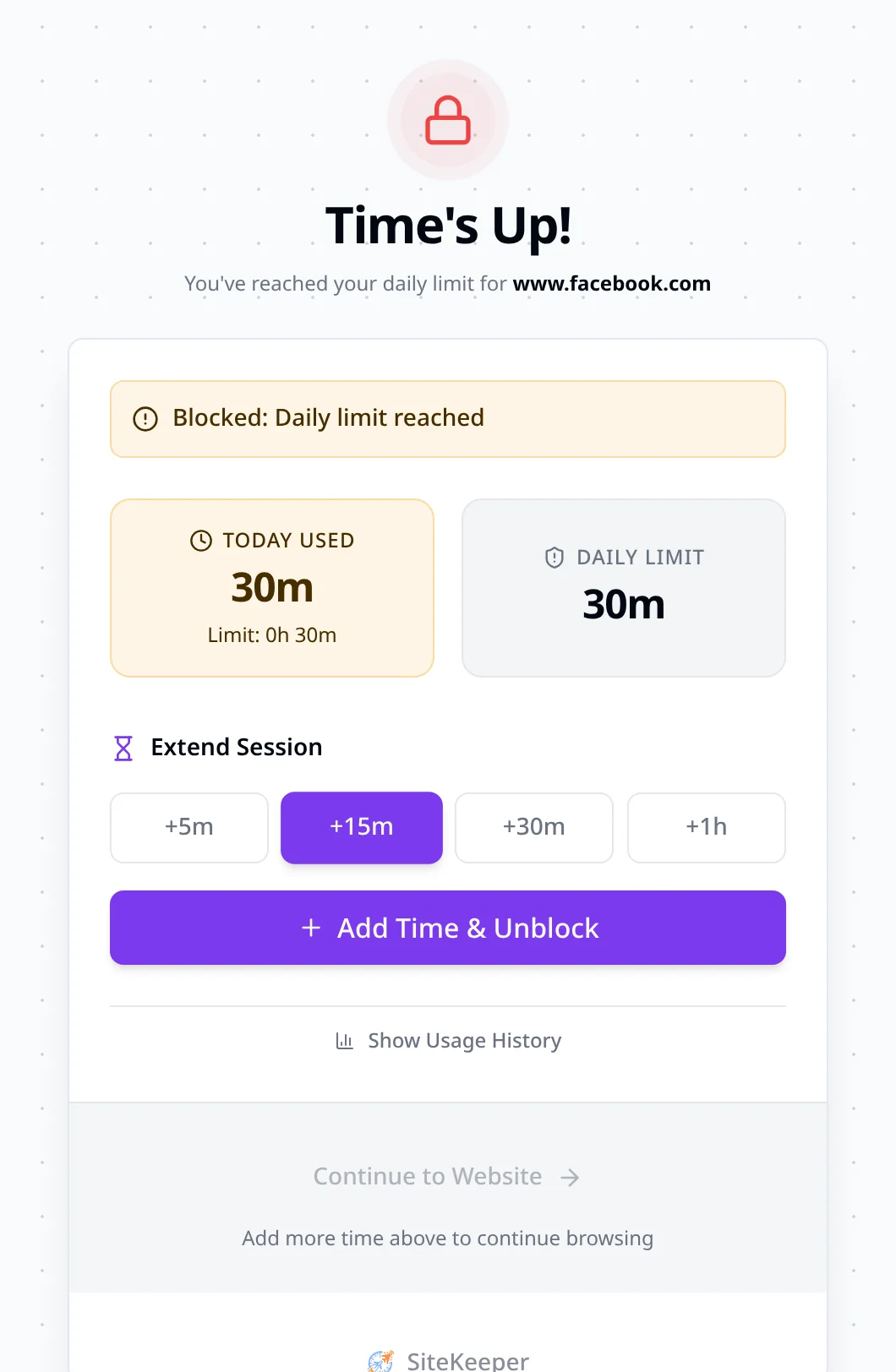 SiteKeeper Time's Up page for www.facebook.com after a 30-minute daily limit