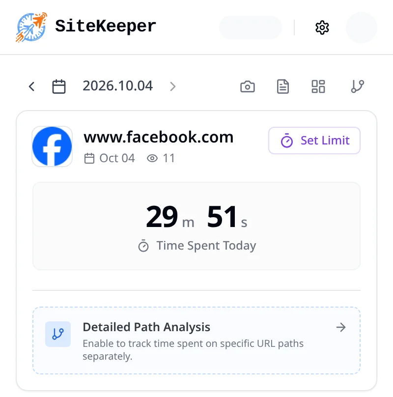 SiteKeeper popup on www.facebook.com showing time spent today and the Set Limit button