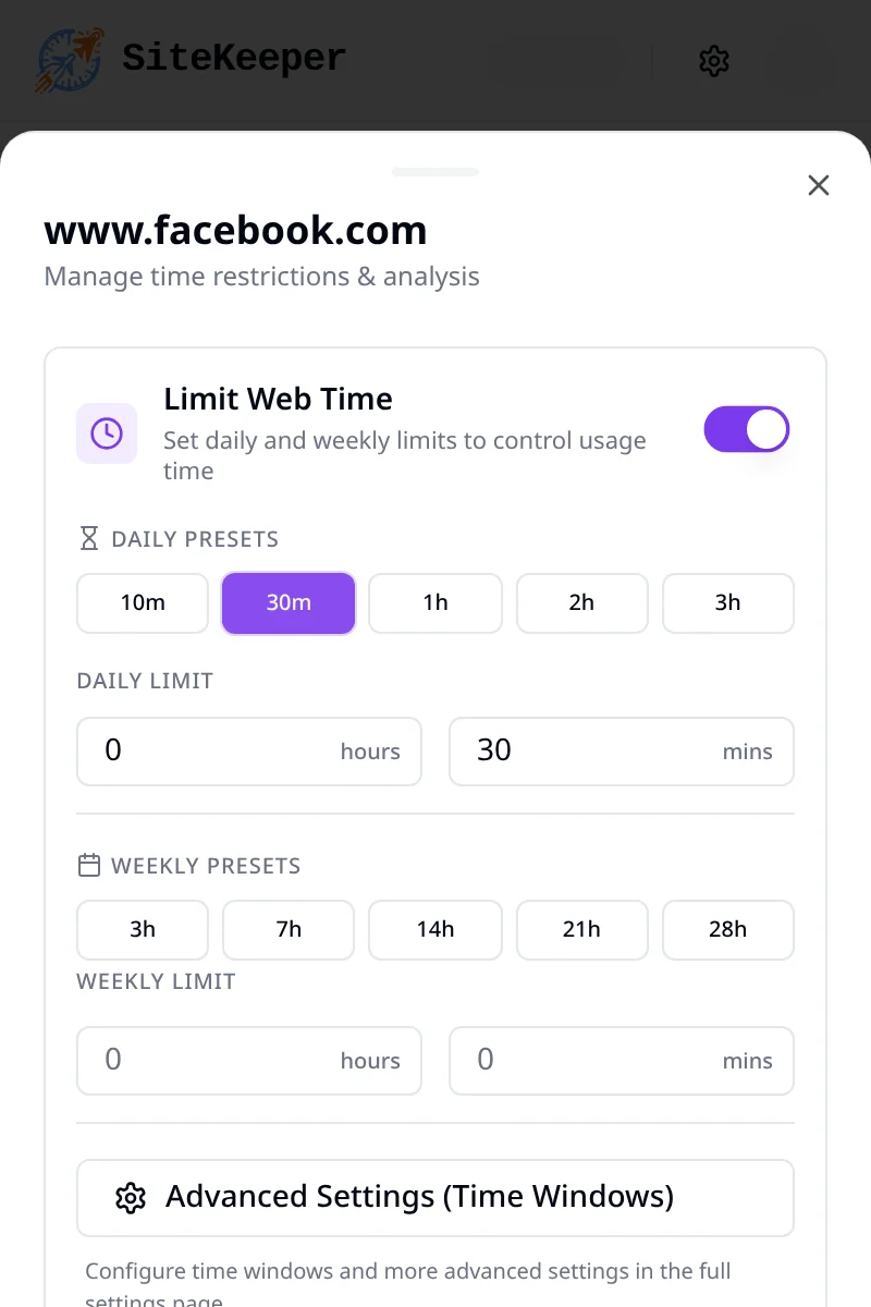 Setting a 30-minute daily limit for www.facebook.com in the SiteKeeper popup