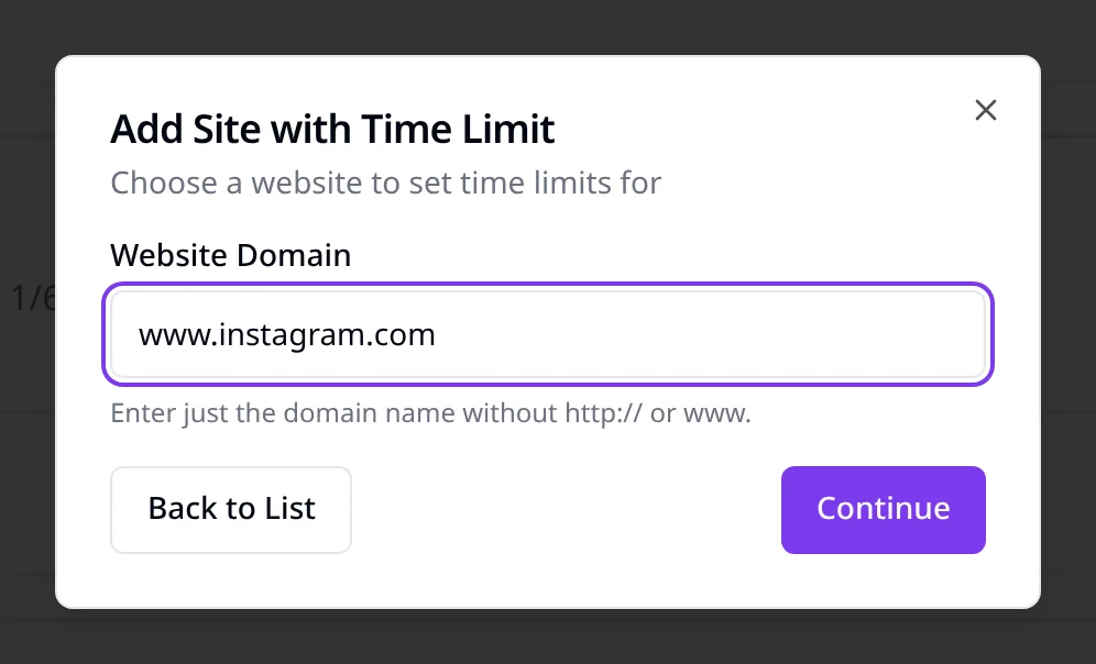 Add Site dialog with www.instagram.com typed in full, including www