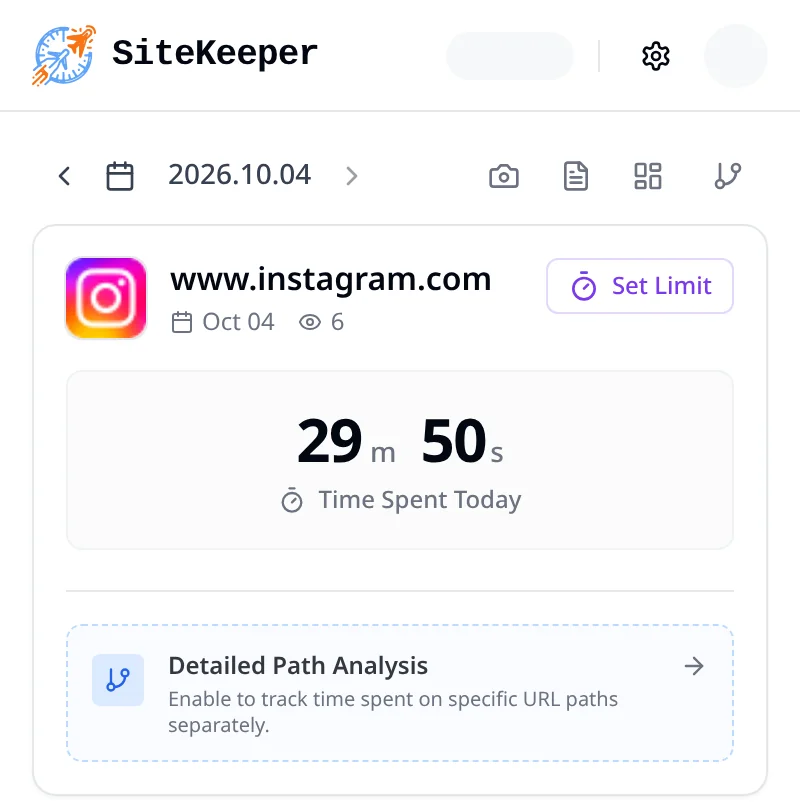 SiteKeeper popup on www.instagram.com showing time spent today and the Set Limit button