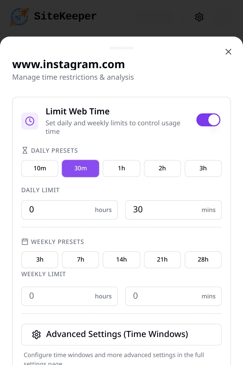 Setting a 30-minute daily limit for www.instagram.com in the SiteKeeper popup