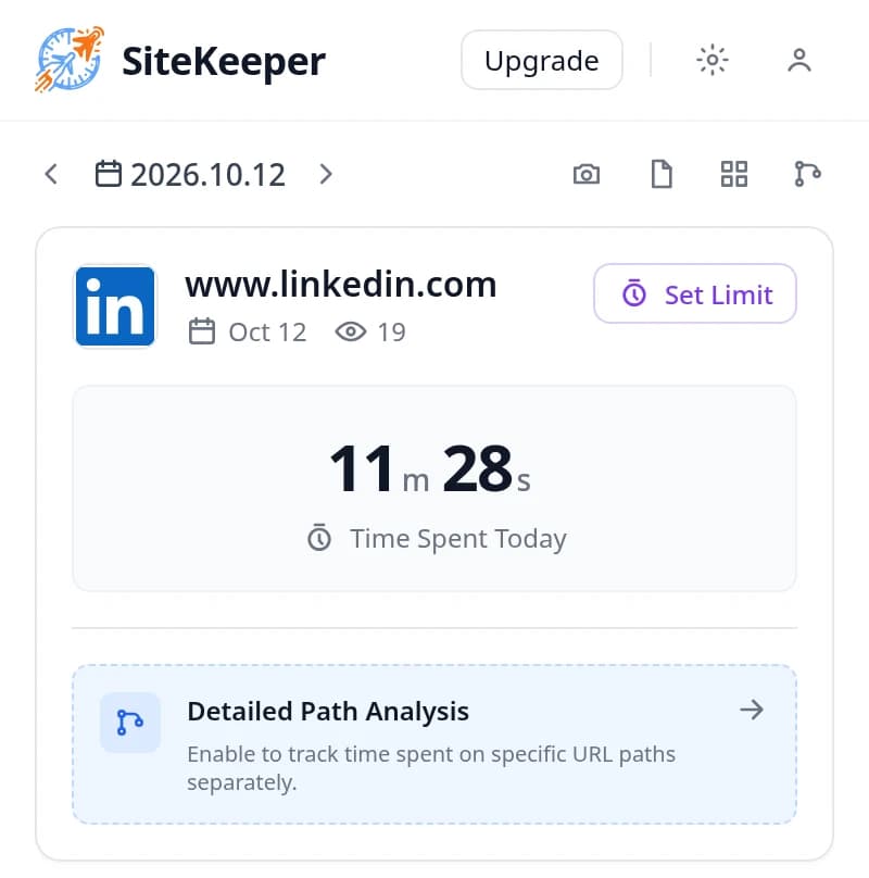 SiteKeeper popup on www.linkedin.com showing time spent today and the Set Limit button