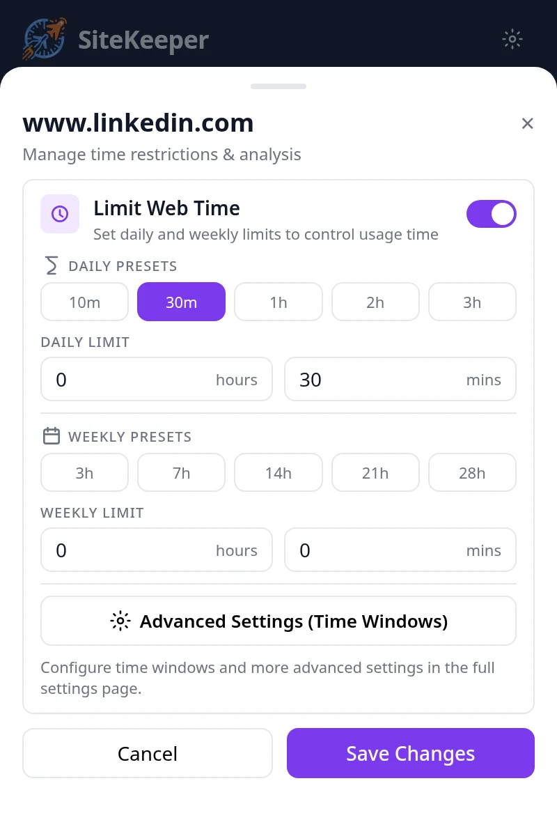 Setting a 30-minute daily limit for www.linkedin.com in the SiteKeeper popup