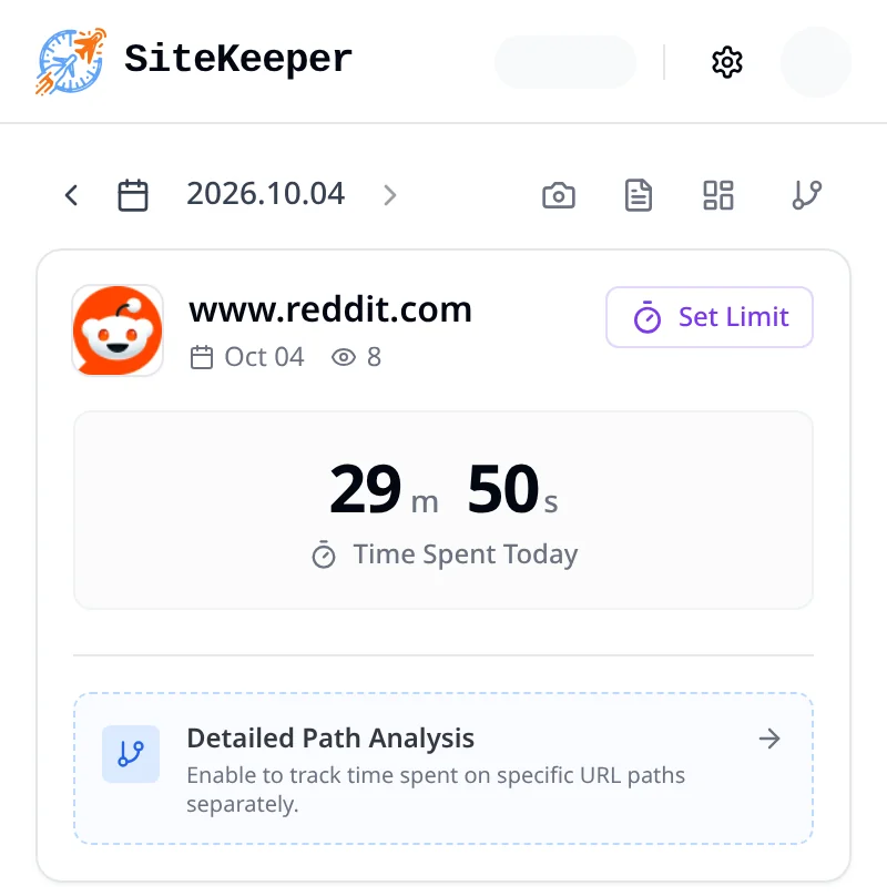 SiteKeeper popup on www.reddit.com showing time spent today and the Set Limit button