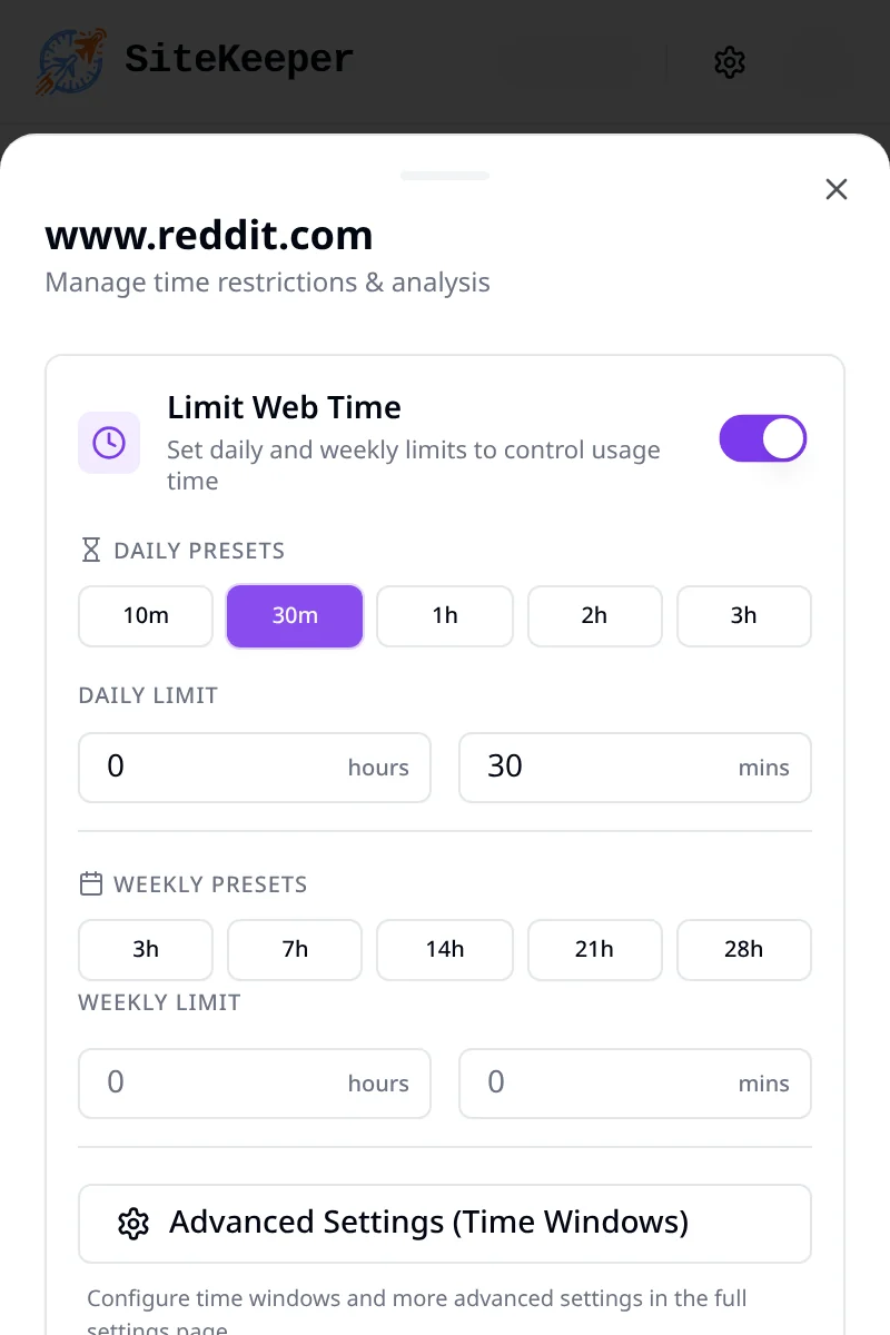 Setting a 30-minute daily limit for www.reddit.com in the SiteKeeper popup