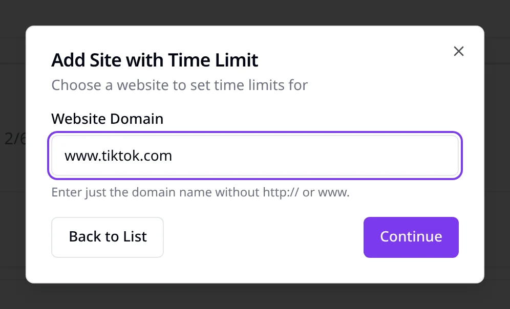 Adding www.tiktok.com in the SiteKeeper Add Site dialog, including www