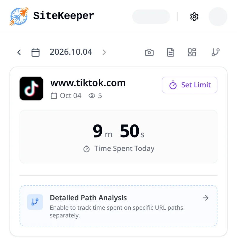 SiteKeeper popup on www.tiktok.com showing time spent today and the Set Limit button