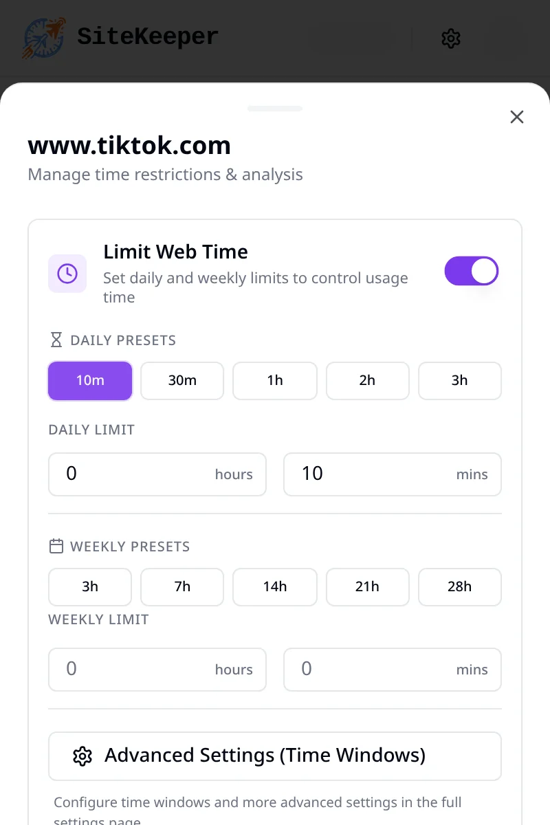 Setting a 10-minute daily limit for www.tiktok.com in the SiteKeeper popup