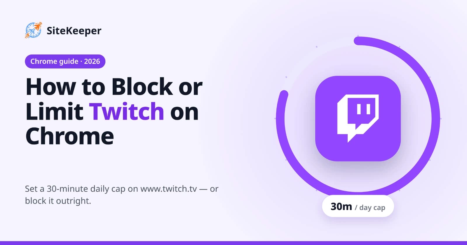 How to block or limit Twitch on Chrome with SiteKeeper: the Twitch logo inside a 30-minute daily limit timer ring