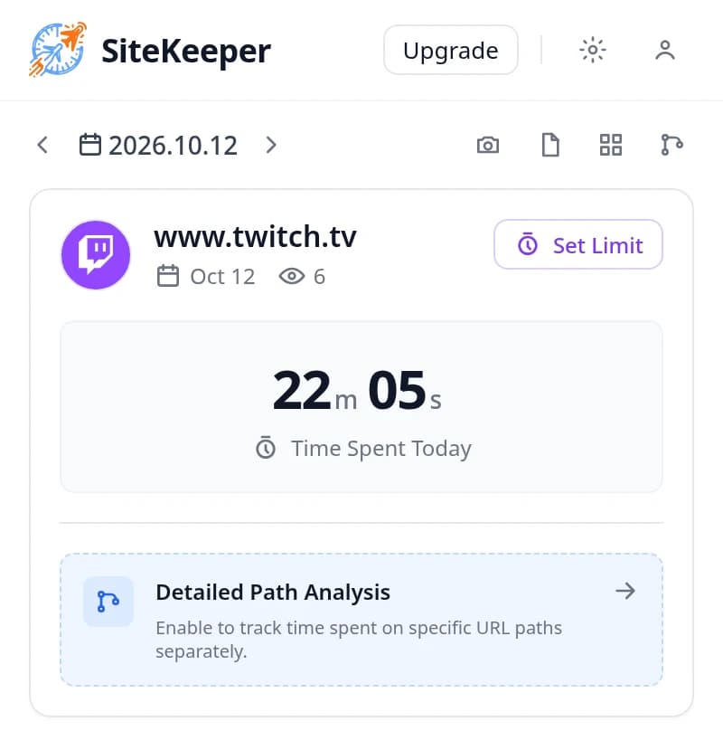 SiteKeeper popup on www.twitch.tv showing time spent today and the Set Limit button
