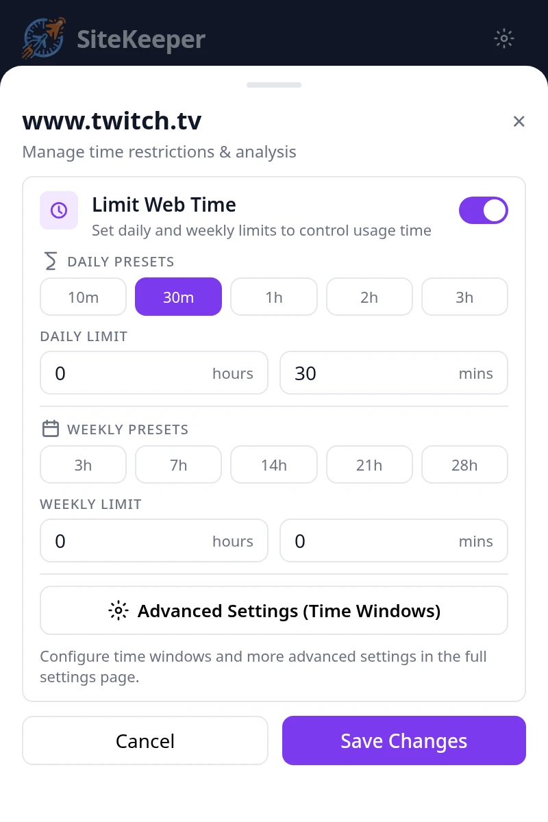 Setting a 30-minute daily limit for www.twitch.tv in the SiteKeeper popup
