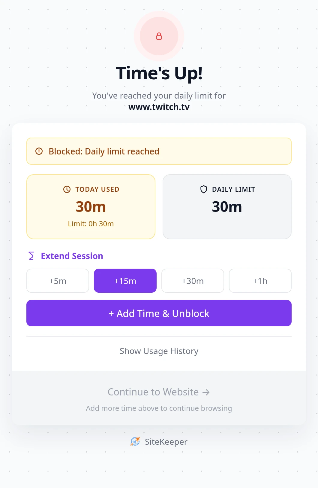 SiteKeeper Time's Up page for www.twitch.tv after a 30-minute daily limit