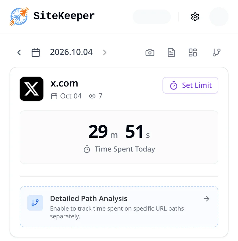 SiteKeeper popup on x.com showing time spent today and the Set Limit button