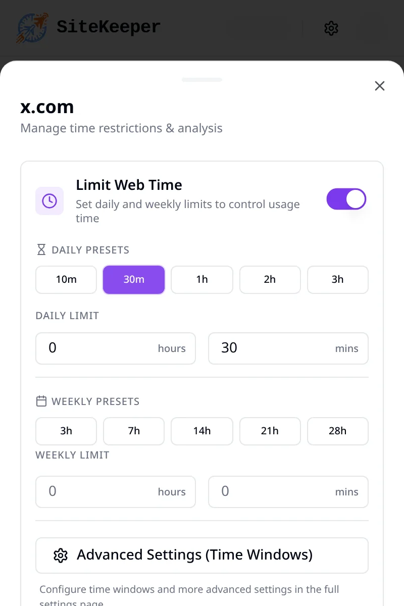 Setting a 30-minute daily limit for x.com in the SiteKeeper popup