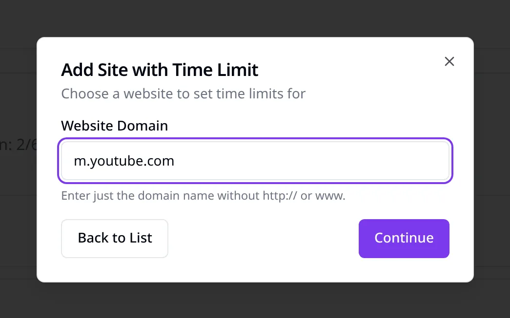 Adding m.youtube.com as a custom website in SiteKeeper settings