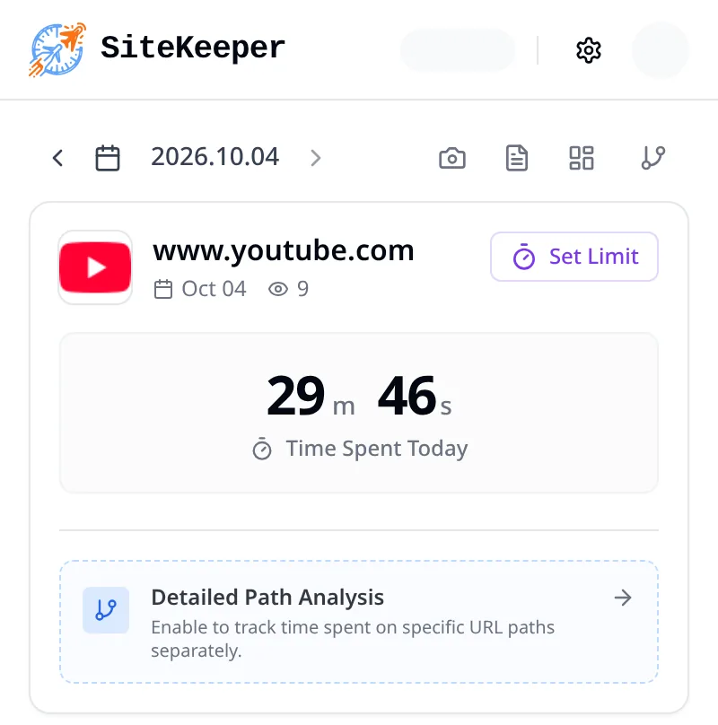 SiteKeeper popup on www.youtube.com showing time spent today and the Set Limit button