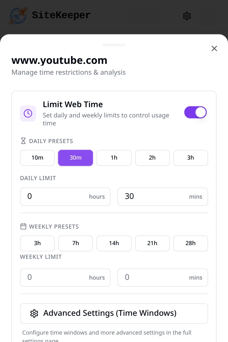 Setting a 30-minute daily limit for www.youtube.com in the SiteKeeper popup