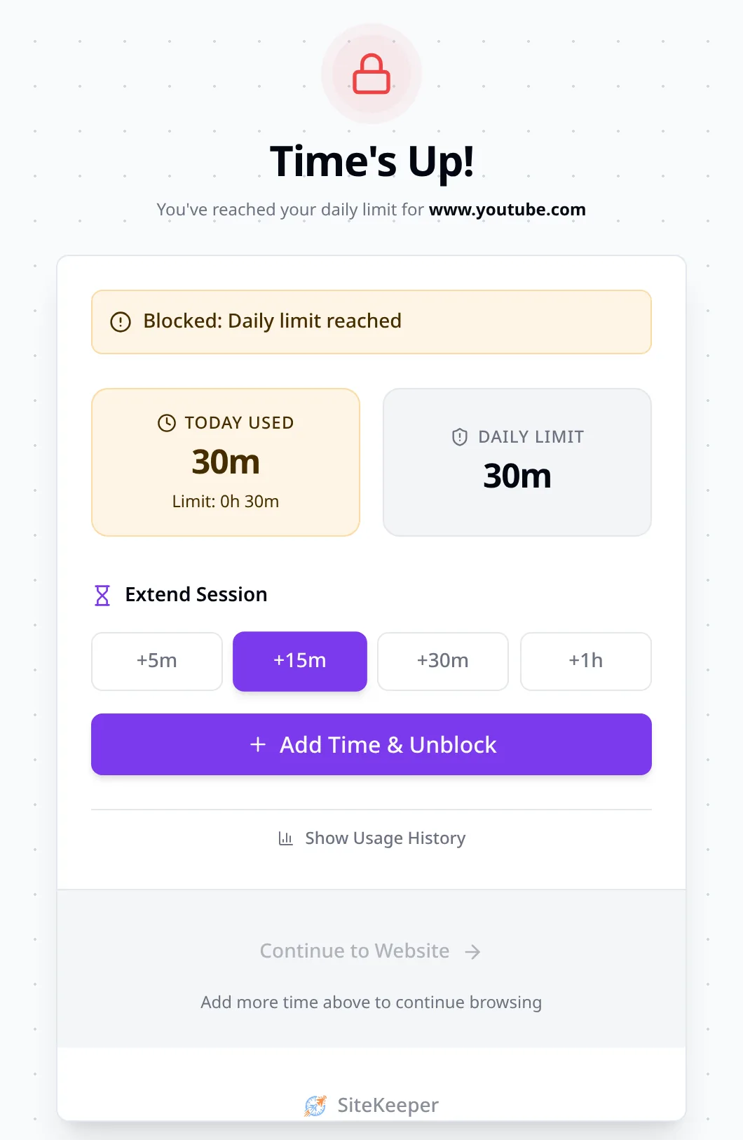SiteKeeper Time's Up page after the 30-minute YouTube daily limit