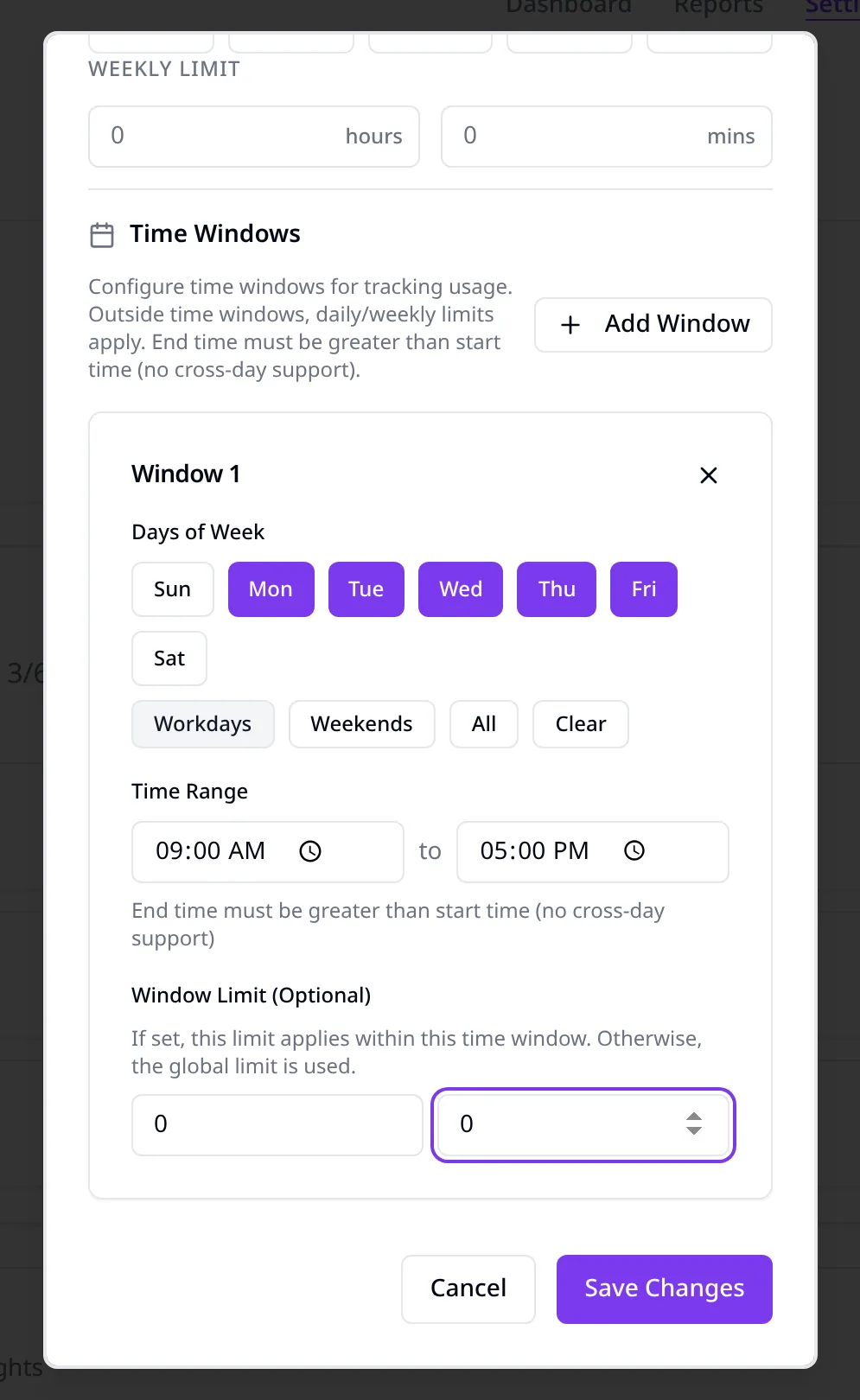 A SiteKeeper time window for YouTube, Monday to Friday 9:00 AM to 5:00 PM with a 0-minute limit